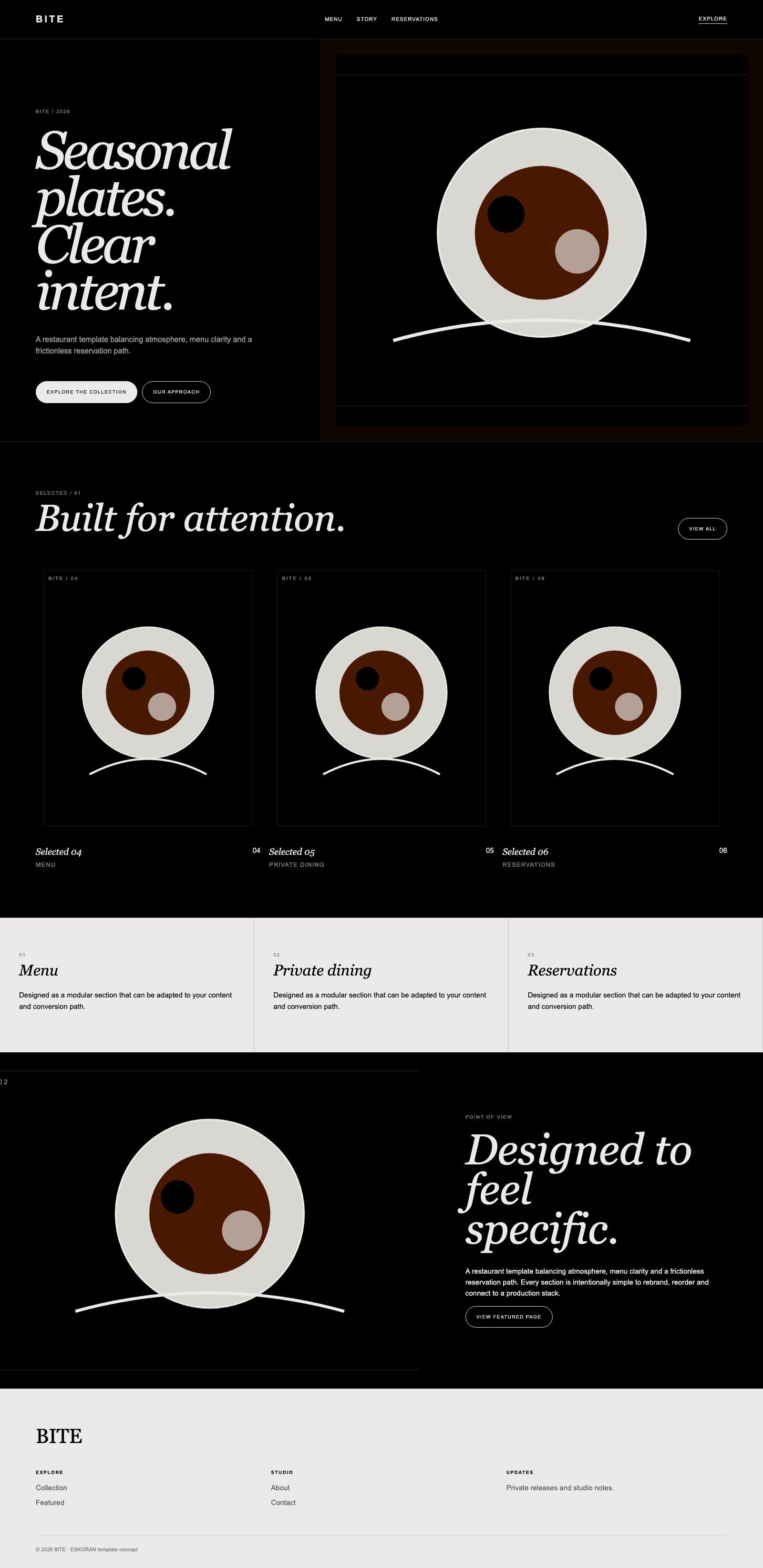 Screenshot reale di Bistro: pagina intera del template, tema scuro