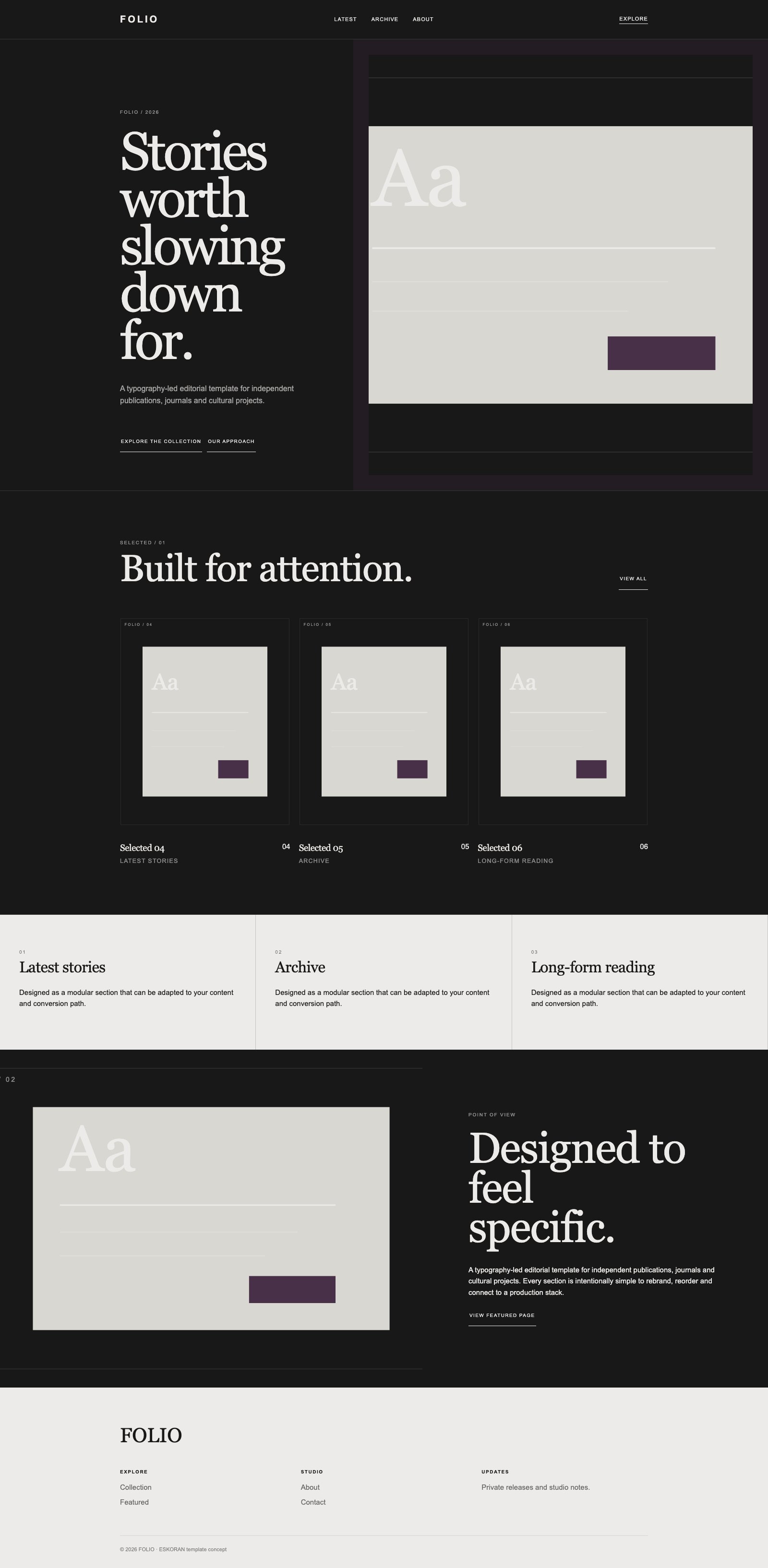 Screenshot reale di Chapter: pagina intera del template, tema scuro