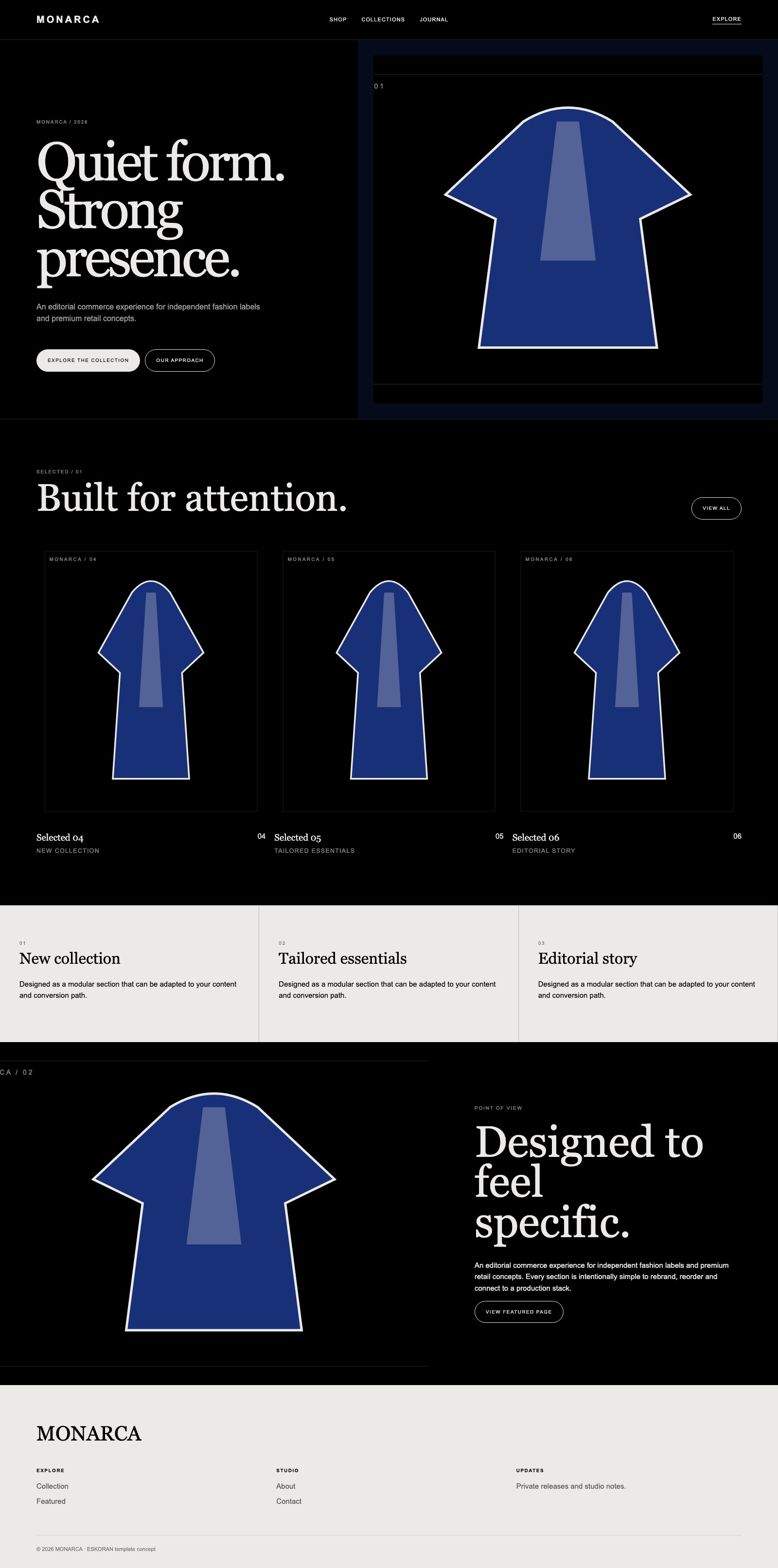 Screenshot reale di Couture: pagina intera del template, tema scuro