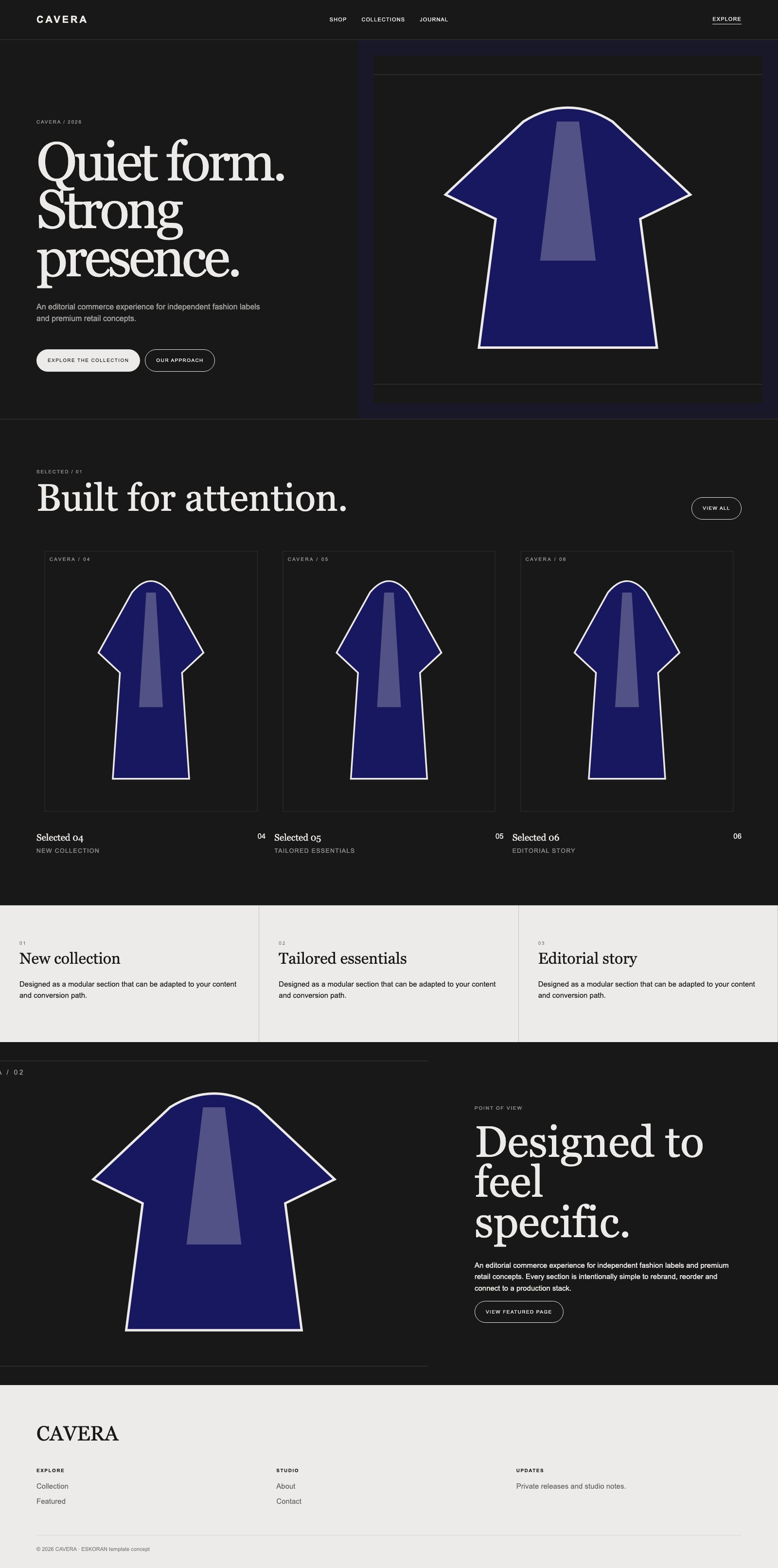 Screenshot reale di Denim: pagina intera del template, tema scuro