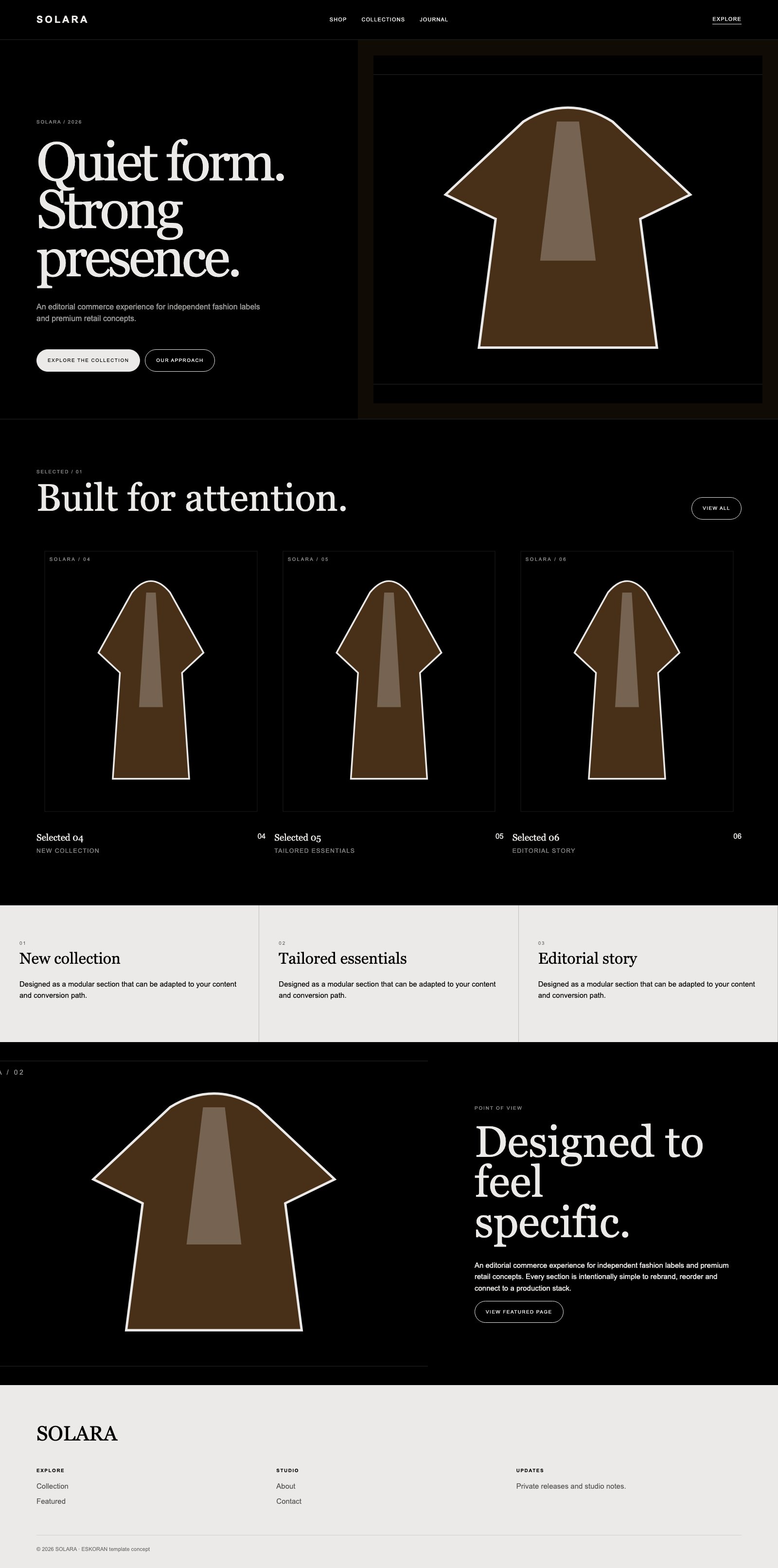 Screenshot reale di Drape: pagina intera del template, tema scuro