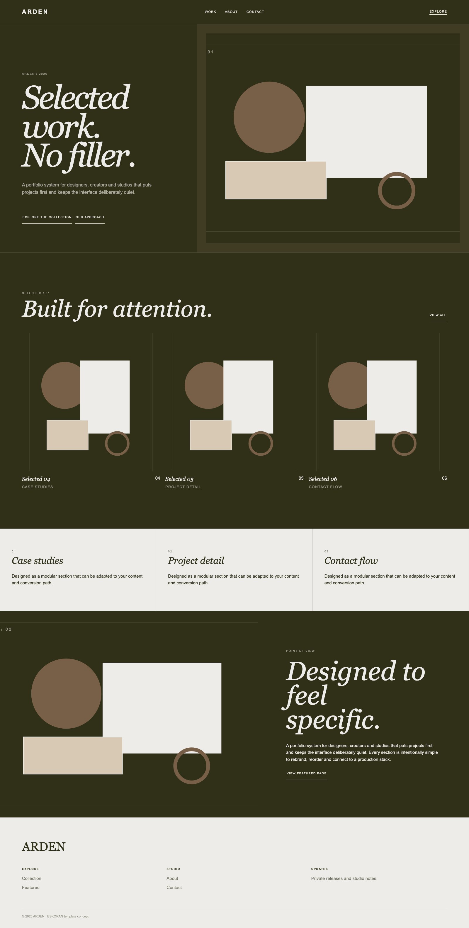 Screenshot reale di Easel: pagina intera del template, tema scuro