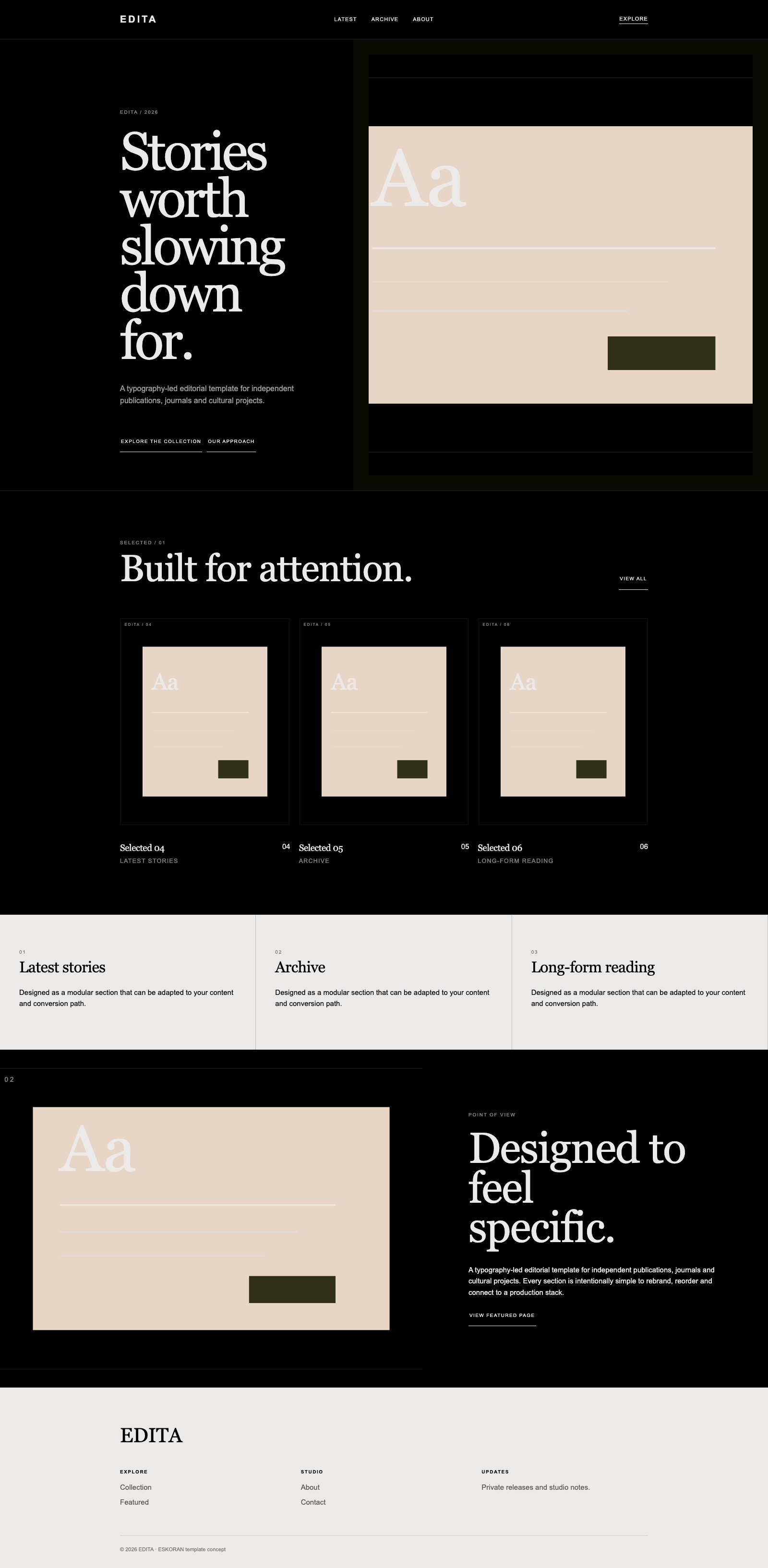 Screenshot reale di Edition: pagina intera del template, tema scuro