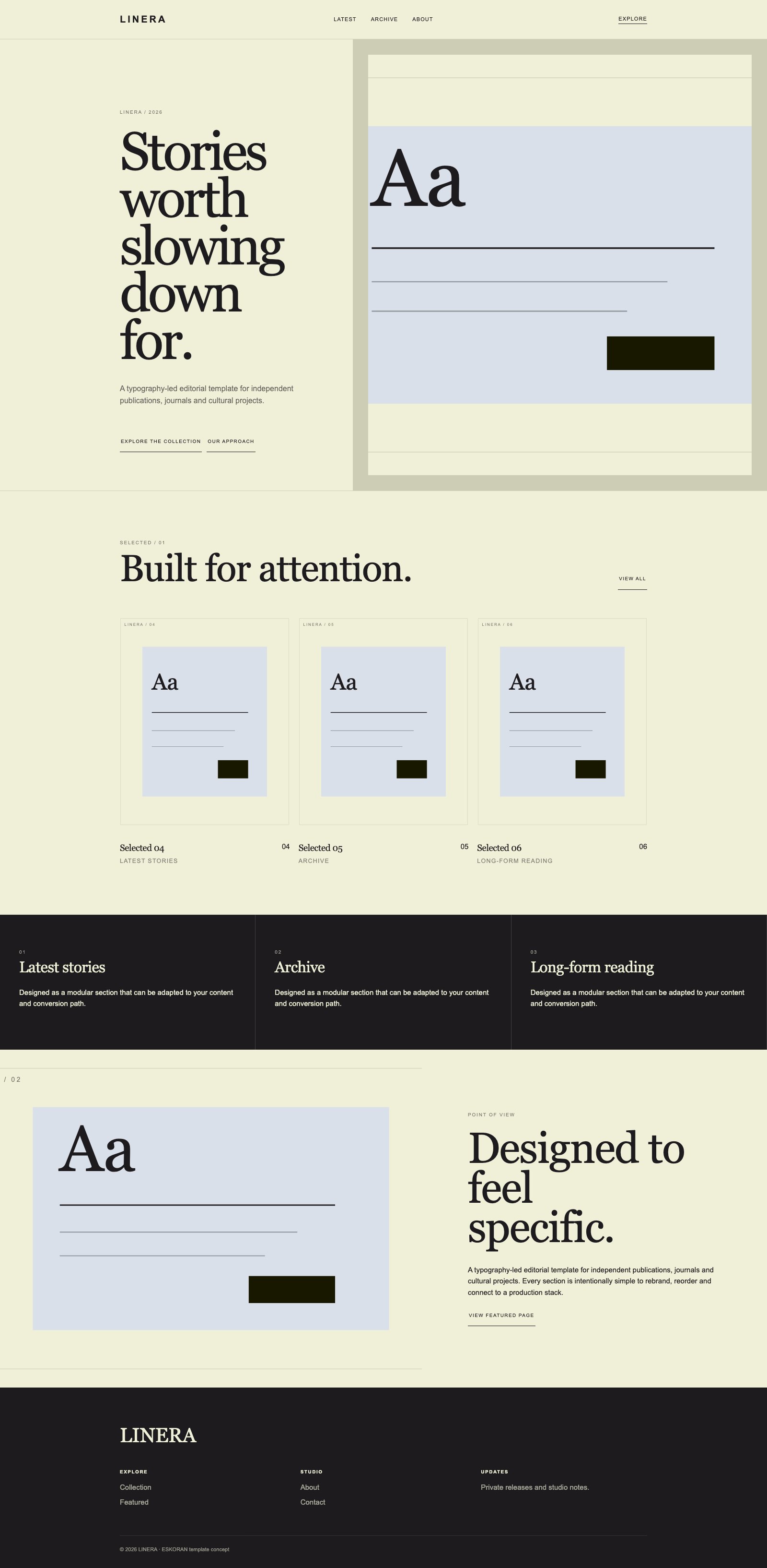 Screenshot reale di Essay: pagina intera del template, tema chiaro