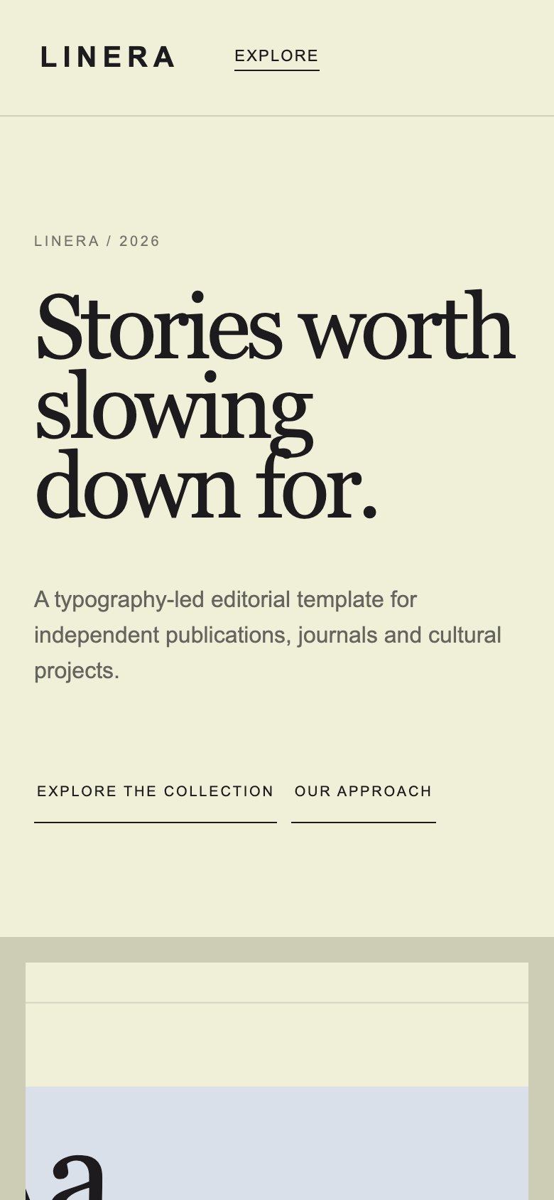 Screenshot reale di Essay su smartphone: home del template
