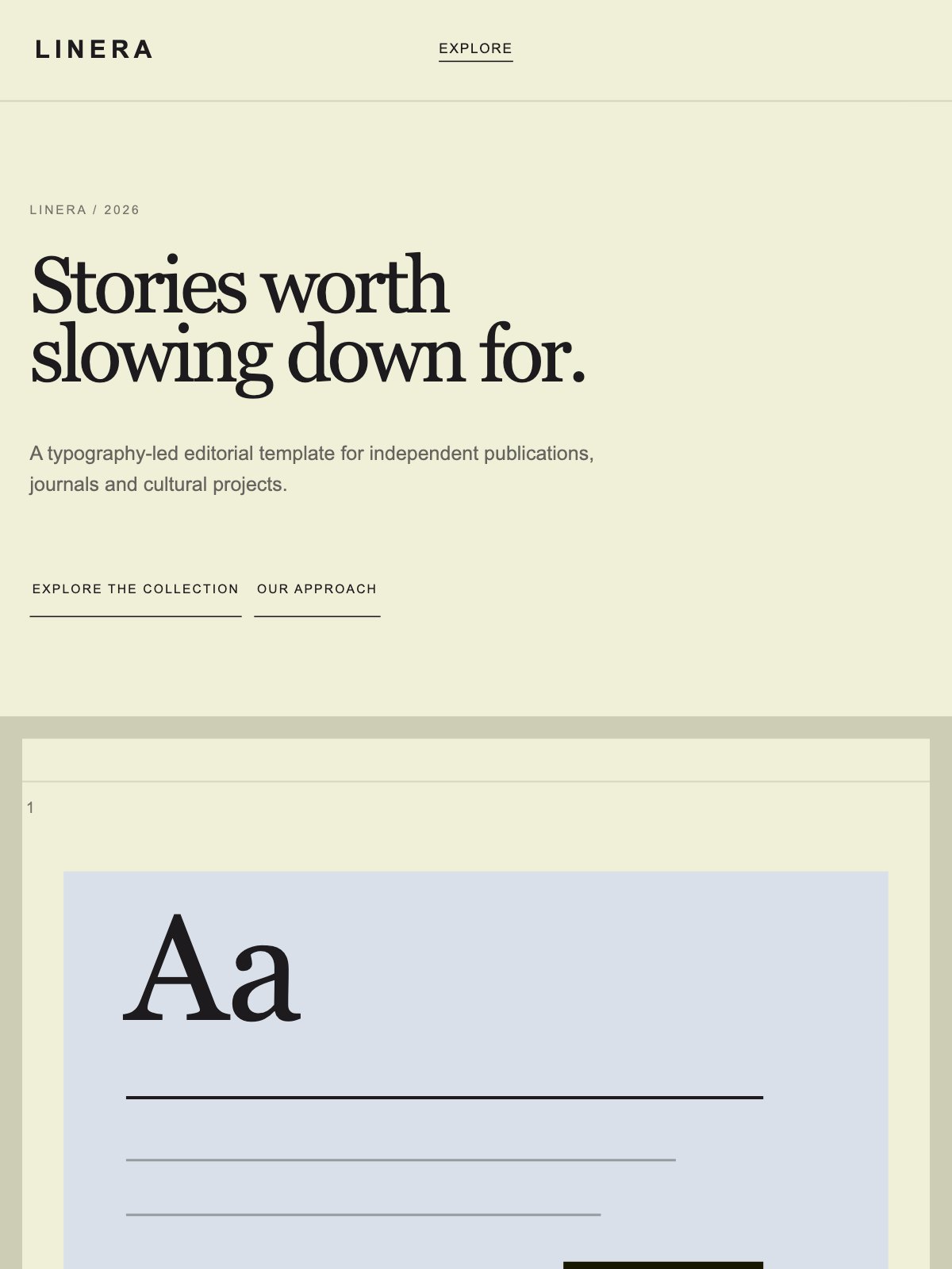 Screenshot reale di Essay su tablet: home del template