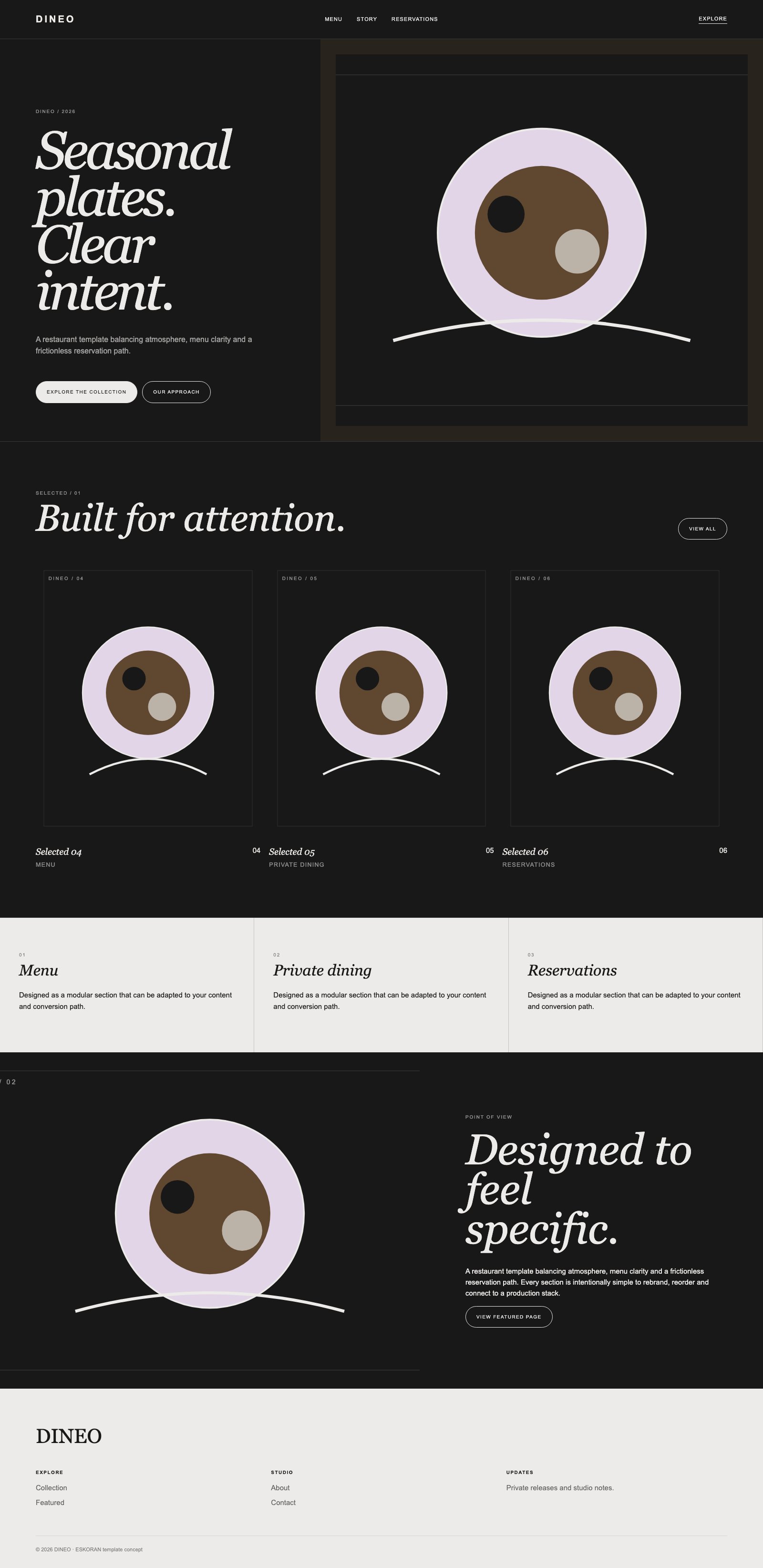 Screenshot reale di Feast: pagina intera del template, tema scuro