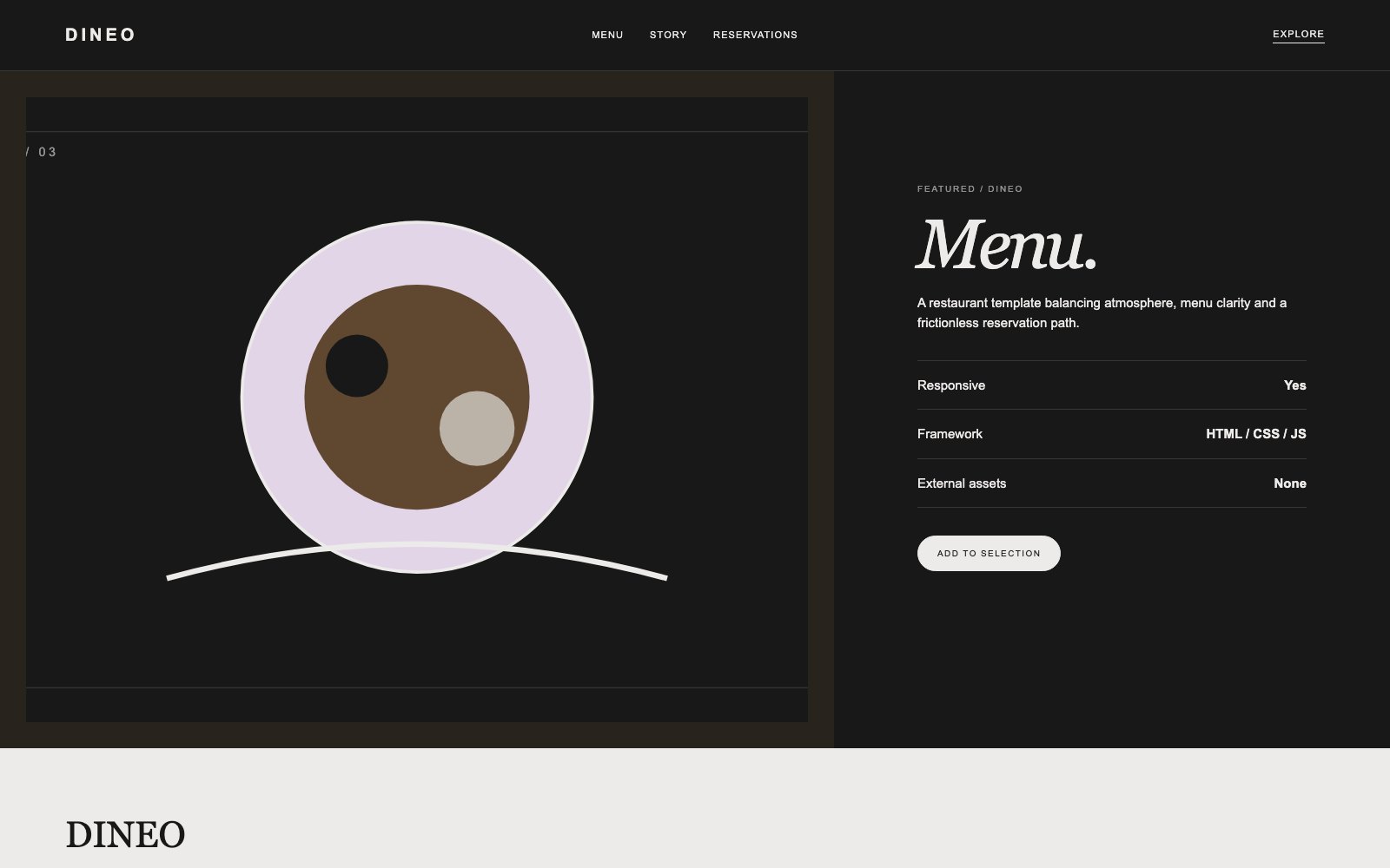 Screenshot reale di Feast: pagina di dettaglio del template