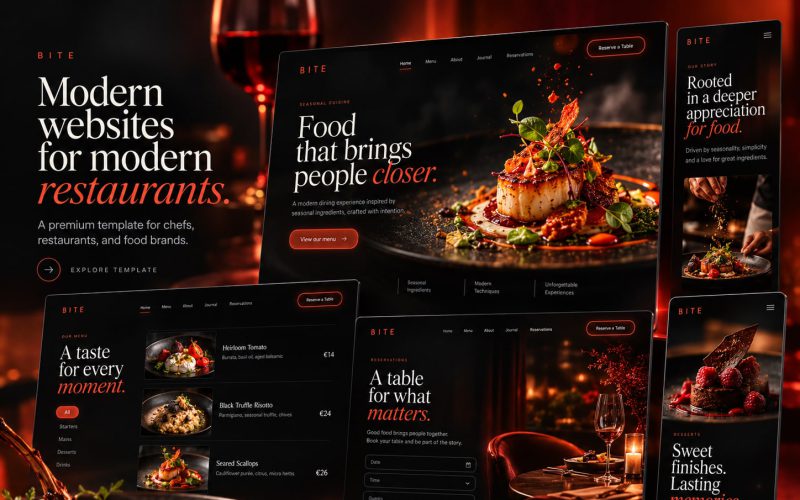 Immagine promozionale illustrativa di Bistro: composizione di anteprime del template
