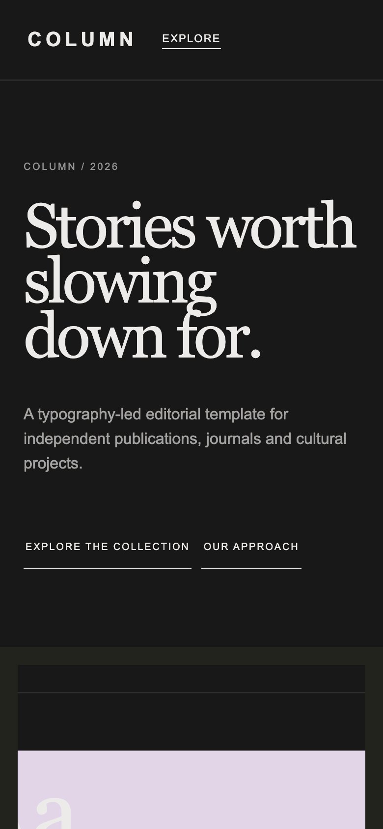Screenshot reale di Journal su smartphone: home del template