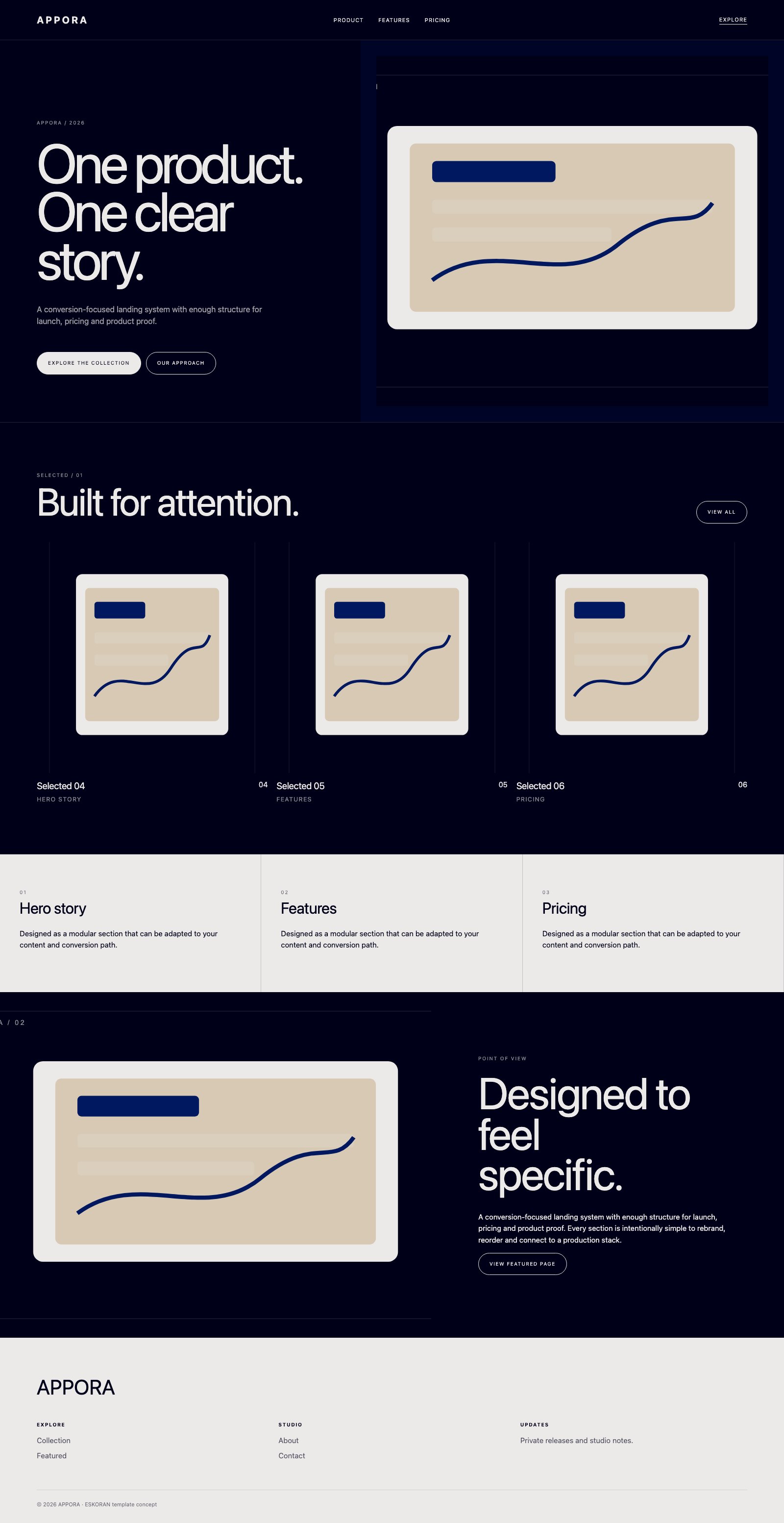 Screenshot reale di Launch: pagina intera del template, tema scuro