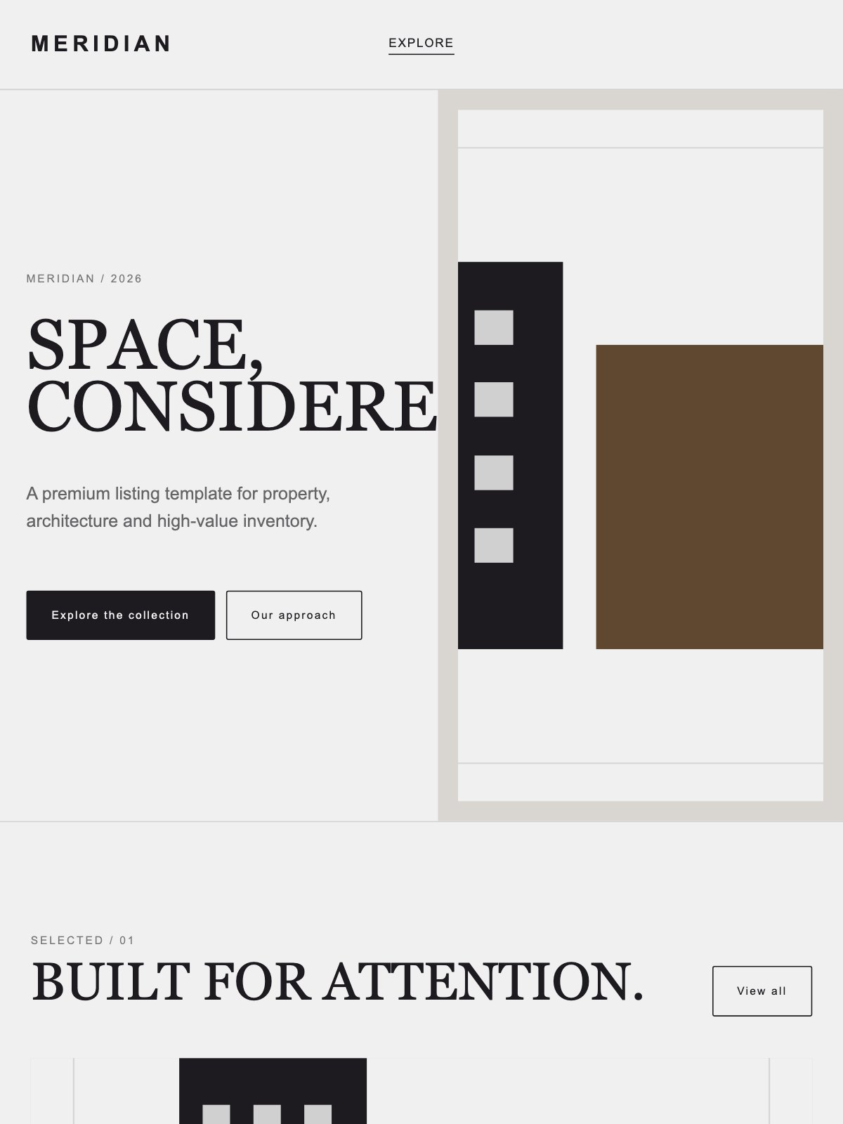 Screenshot reale di Loft su tablet: home del template