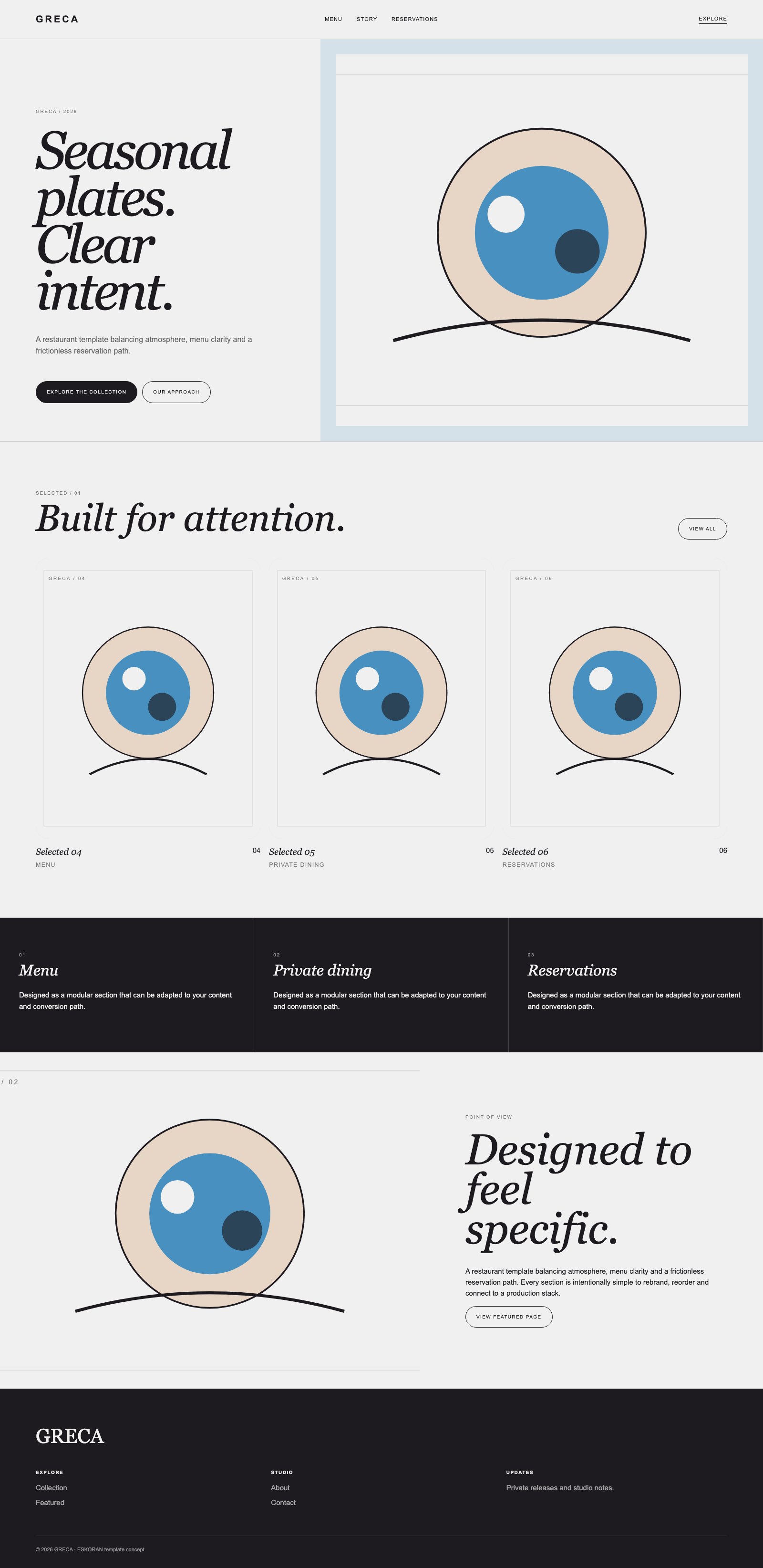 Screenshot reale di Olive: pagina intera del template, tema chiaro