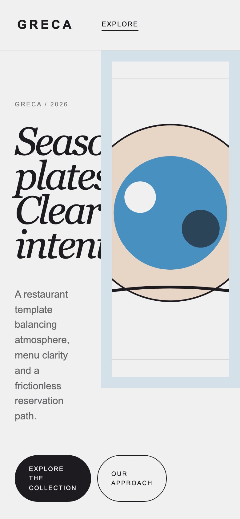 Screenshot reale di Olive su smartphone: home del template