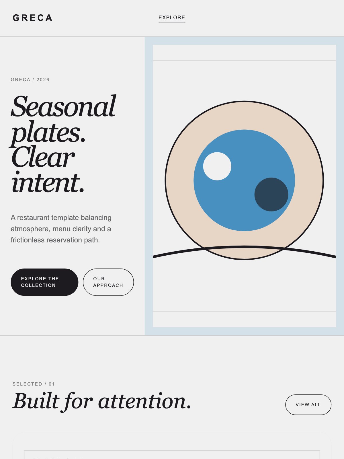 Screenshot reale di Olive su tablet: home del template