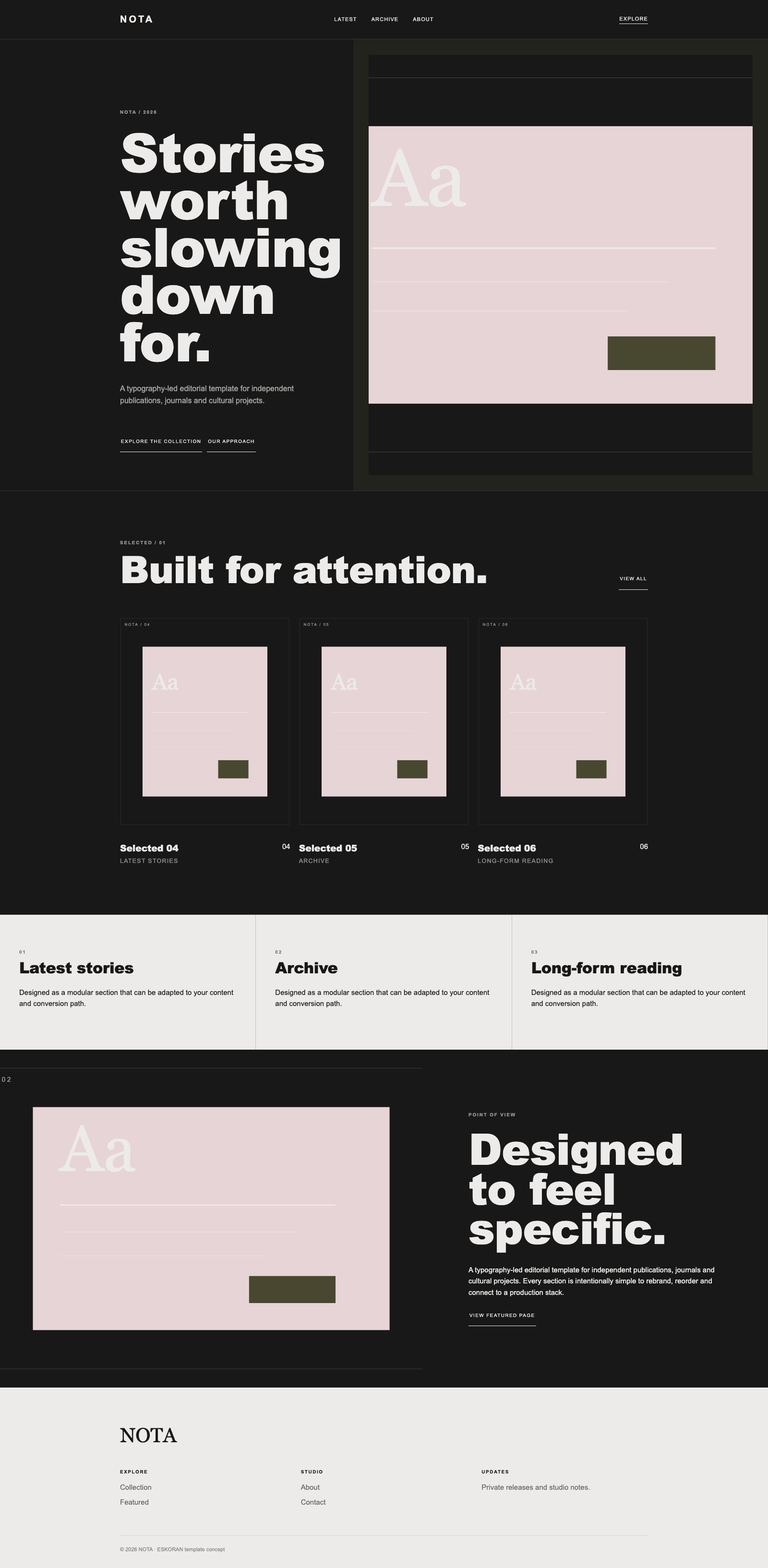 Screenshot reale di Quill: pagina intera del template, tema scuro