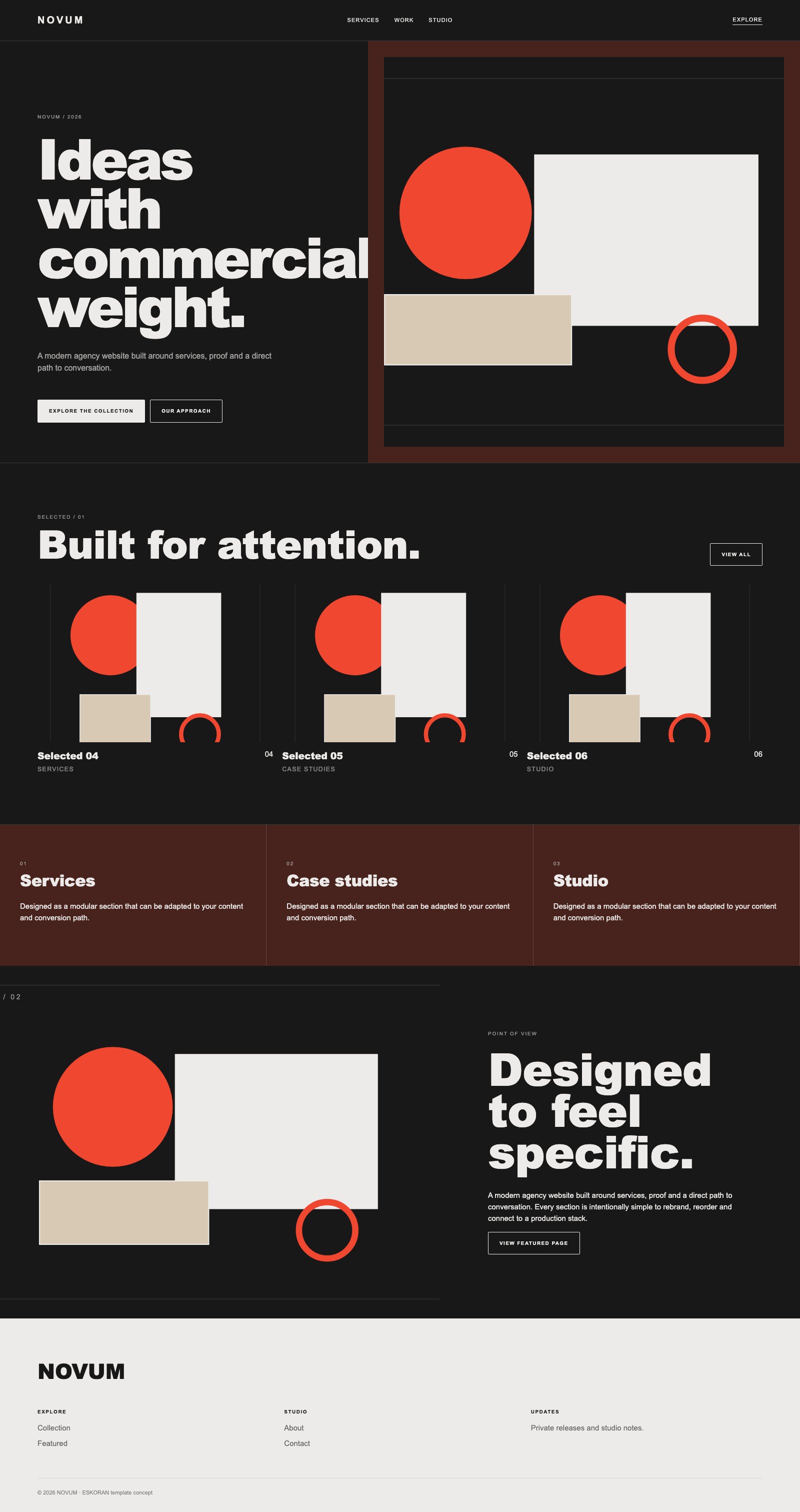 Screenshot reale di Scale: pagina intera del template, tema scuro