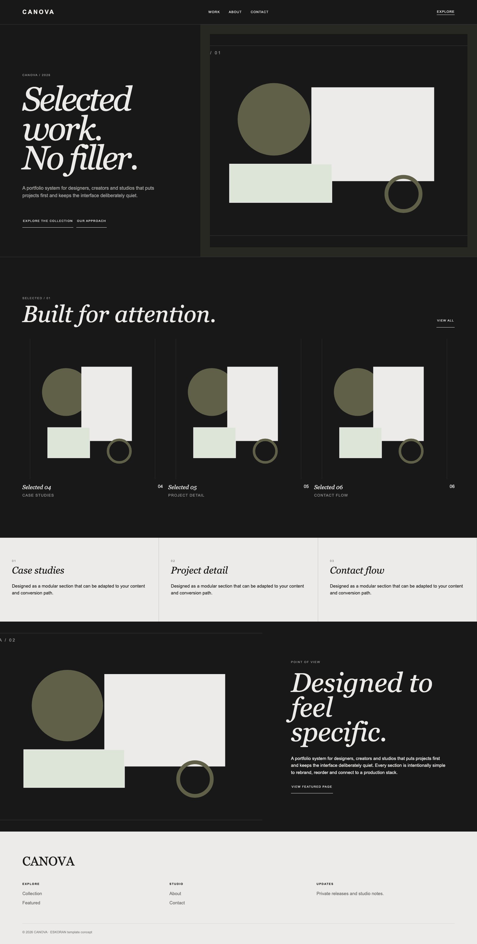 Screenshot reale di Sketch: pagina intera del template, tema scuro