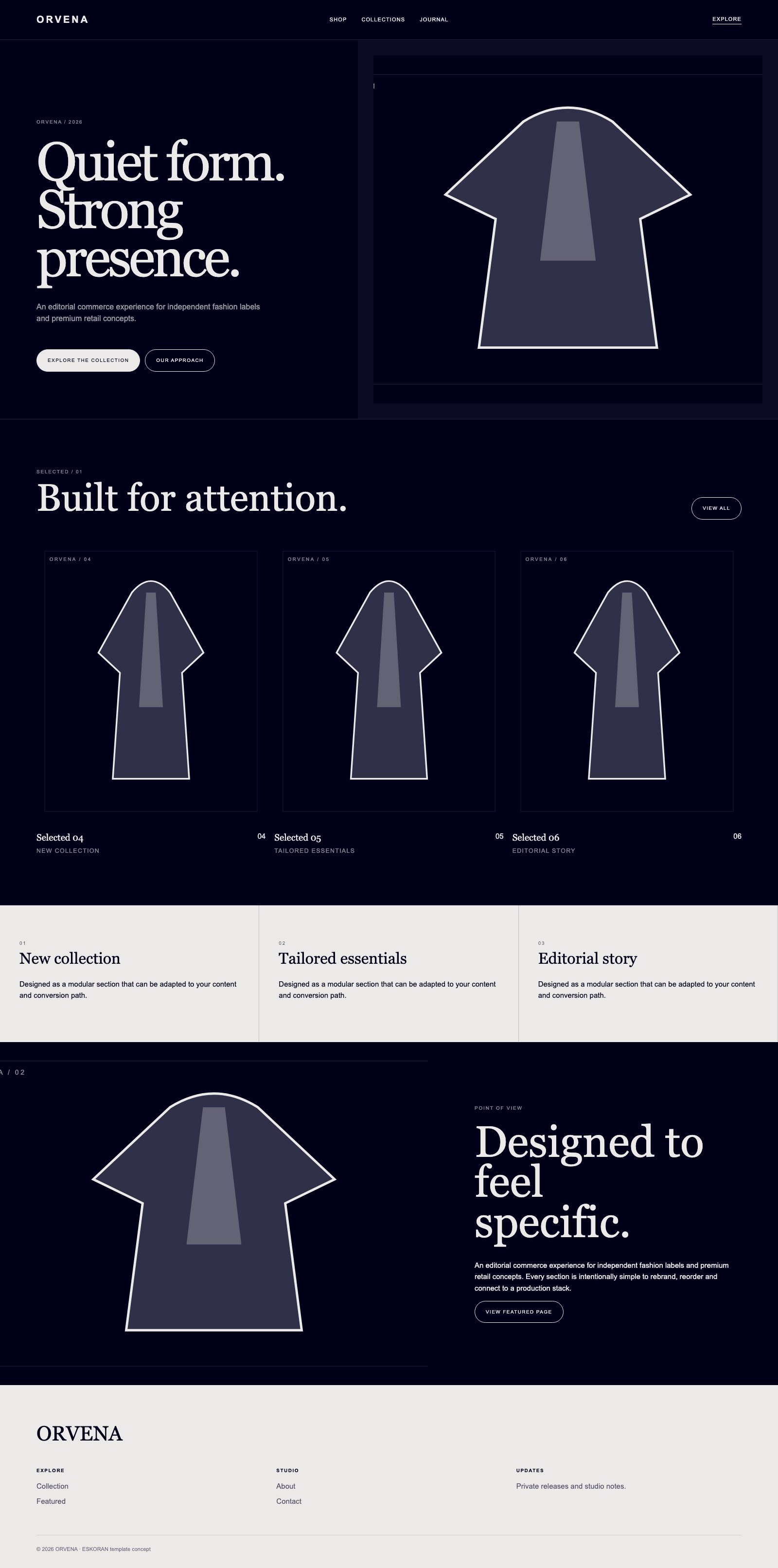 Screenshot reale di Tailor: pagina intera del template, tema scuro