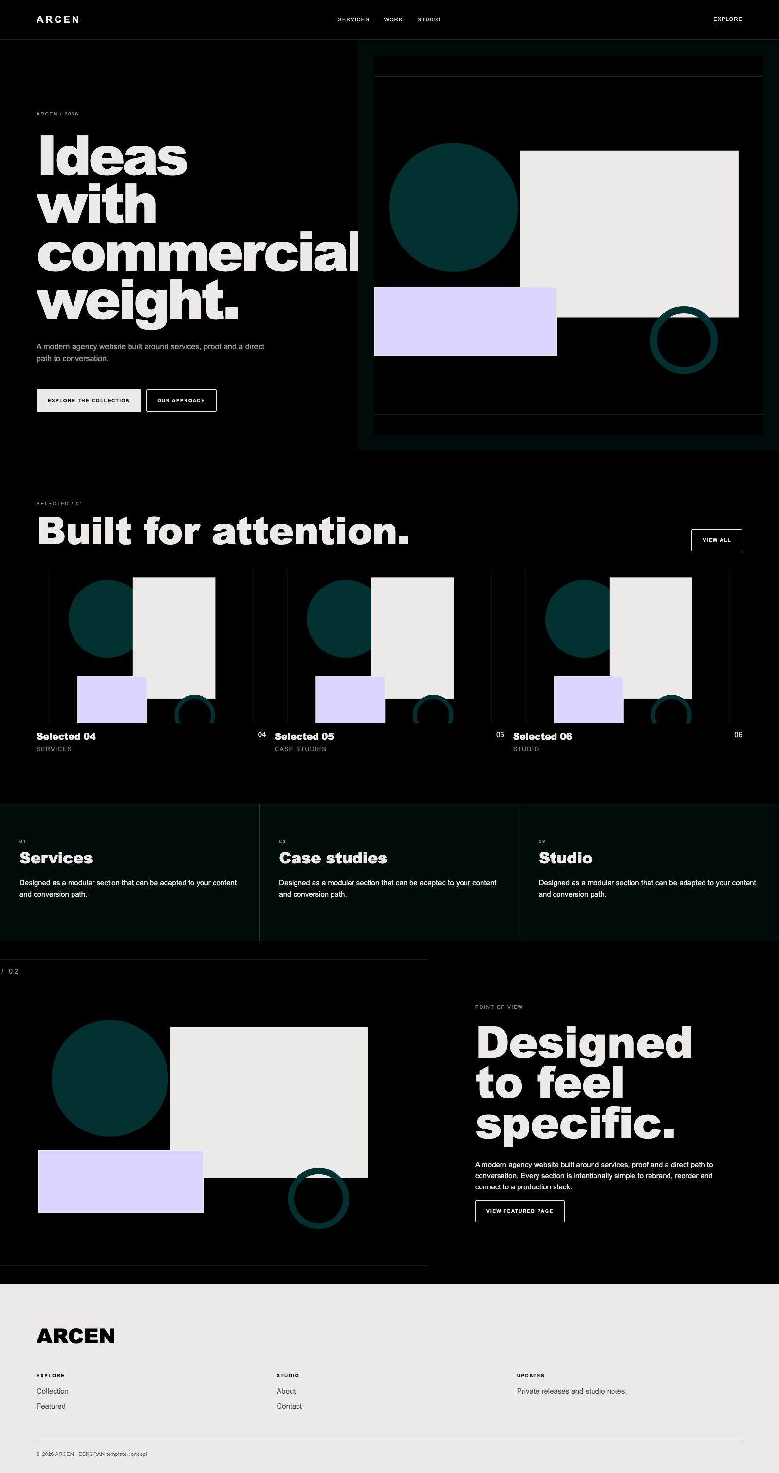 Screenshot reale di Vertex: pagina intera del template, tema scuro