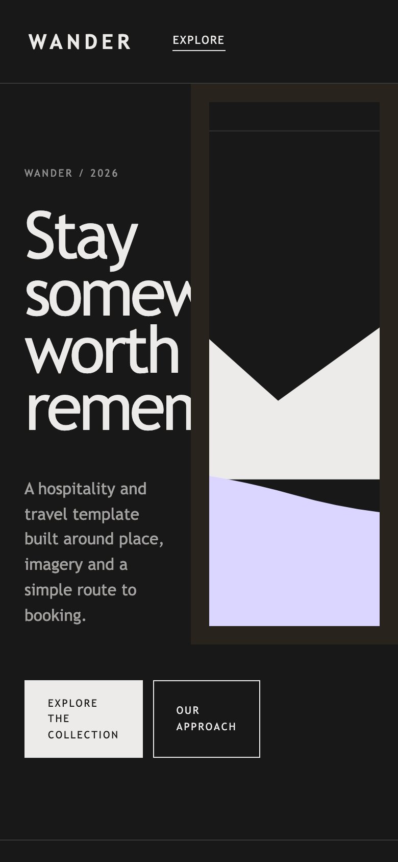 Screenshot reale di Voyage su smartphone: home del template